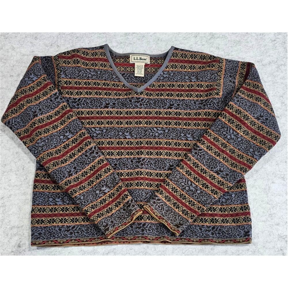 Vintage L.L.Bean Fair Isle Cotton Sweater V Neck Nordic Gray Red Blue Sz M